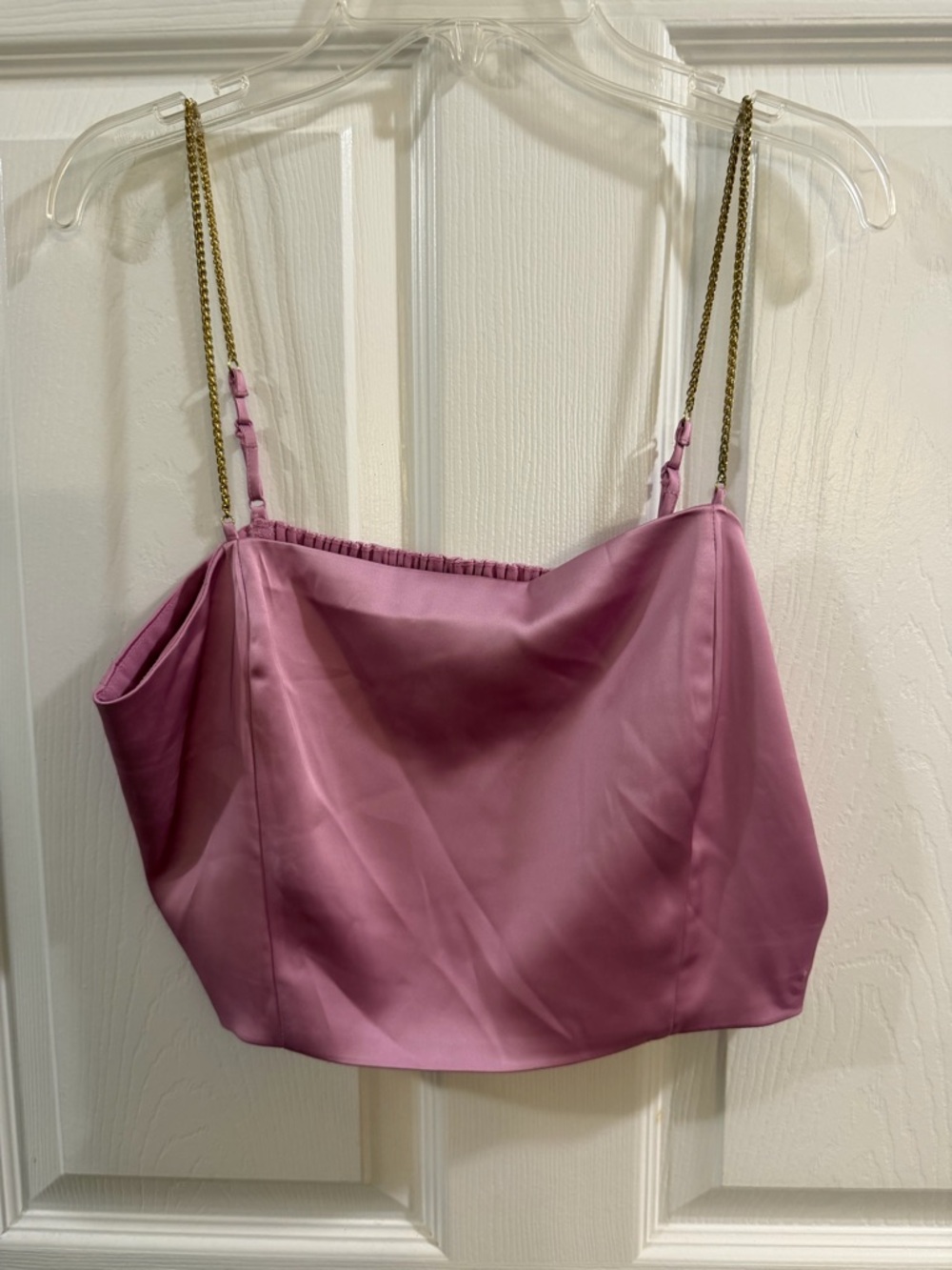 House of Harlow 1960 Rose Pink Satin Cropped Cami with Gold Chain Straps